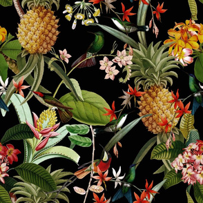 18" Vintage Tropical Birds Pineapple Paradise -black