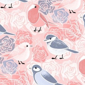 Little Bird Botanical - pink and grey blue - medium 