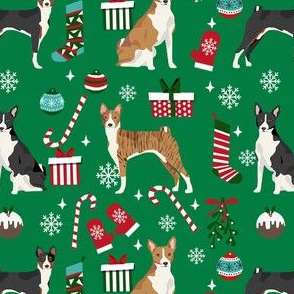 basenji christmas dog fabric, christmas fabric, dog fabric, basenji fabric, brindle  basenji, black basenji - green
