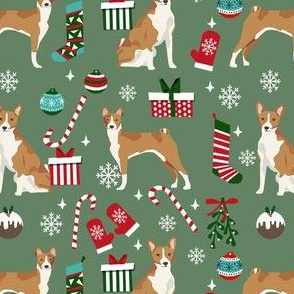 basenji christmas dog fabric, christmas fabric, dog fabric, basenji fabric -  muted green