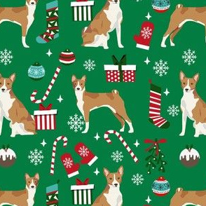 basenji christmas dog fabric, christmas fabric, dog fabric, basenji fabric - green