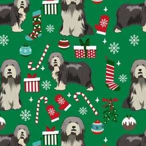 bearded collie dog christmas fabric, christmas dog, holiday dog, bearded collie fabric - green