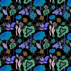 Forbidden Planet Garden #2 - blue, purple, green - on black