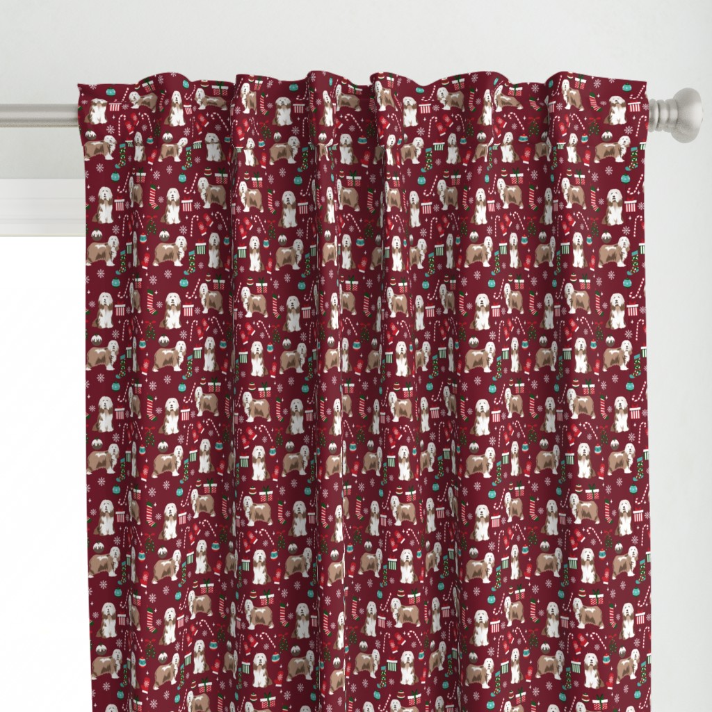 bearded collie christmas dog fabric - dog fabric, christmas dog fabric, dog breeds fabric - light coat - burgundy