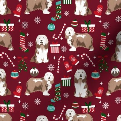 bearded collie christmas dog fabric - dog fabric, christmas dog fabric, dog breeds fabric - light coat - burgundy