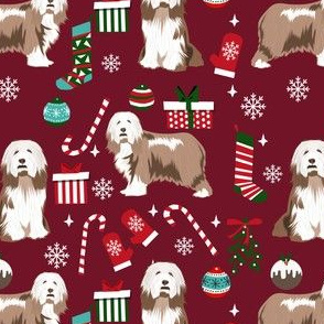 bearded collie christmas dog fabric - dog fabric, christmas dog fabric, dog breeds fabric - light coat - burgundy