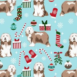 bearded collie christmas dog fabric - dog fabric, christmas dog fabric, dog breeds fabric - light coat - light blue