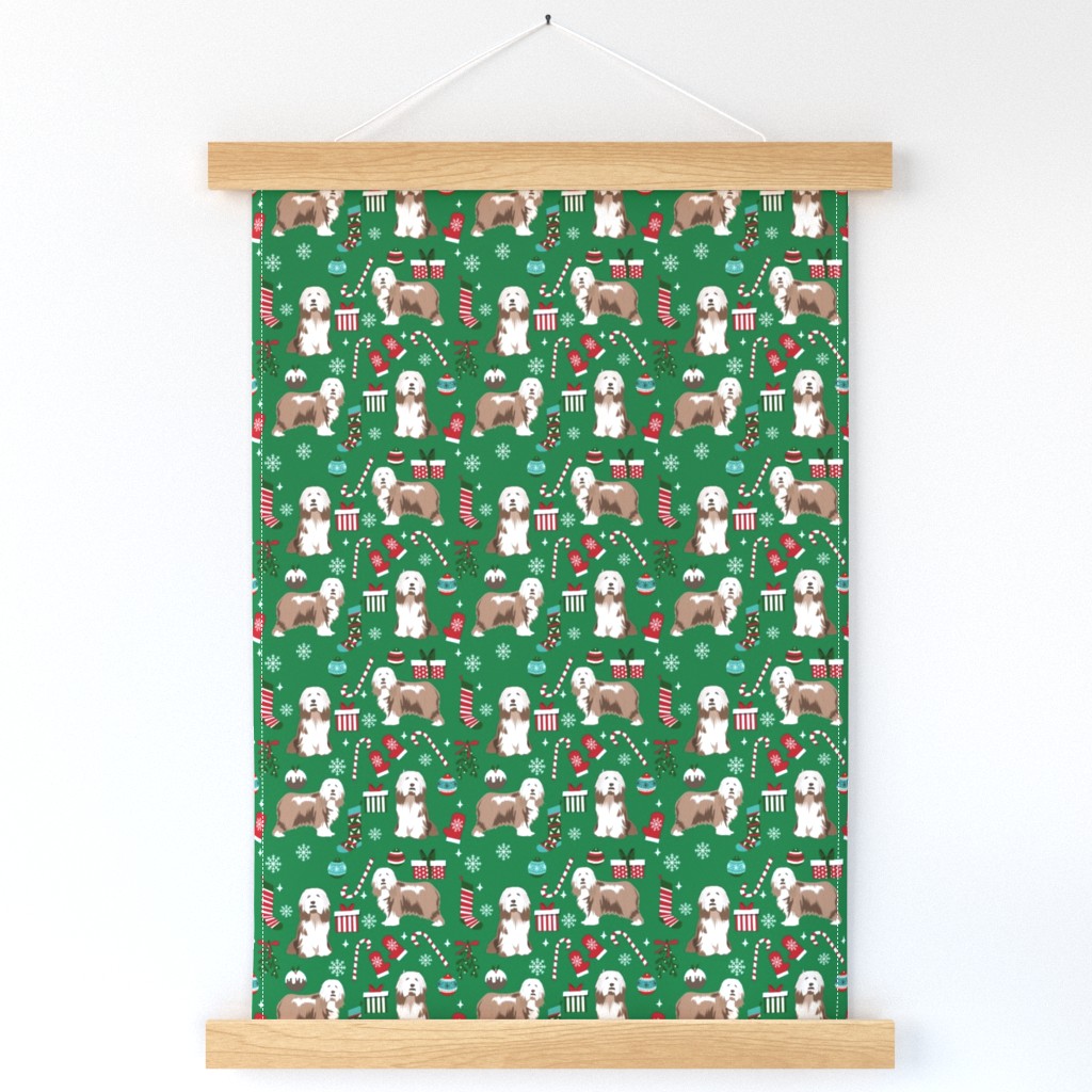 bearded collie christmas dog fabric - dog fabric, christmas dog fabric, dog breeds fabric - light coat - green