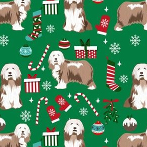 bearded collie christmas dog fabric - dog fabric, christmas dog fabric, dog breeds fabric - light coat - green