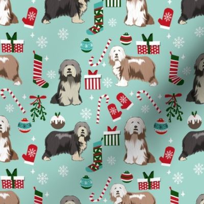 bearded collie christmas dog fabric - dog fabric, christmas dog fabric, dog breeds fabric - mixed coats - light blue