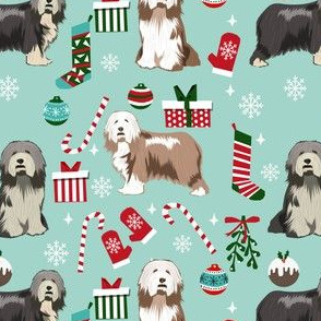 bearded collie christmas dog fabric - dog fabric, christmas dog fabric, dog breeds fabric - mixed coats - light blue