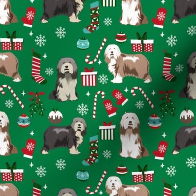 bearded collie christmas dog fabric - dog fabric, christmas dog fabric, dog breeds fabric - mixed coats - green