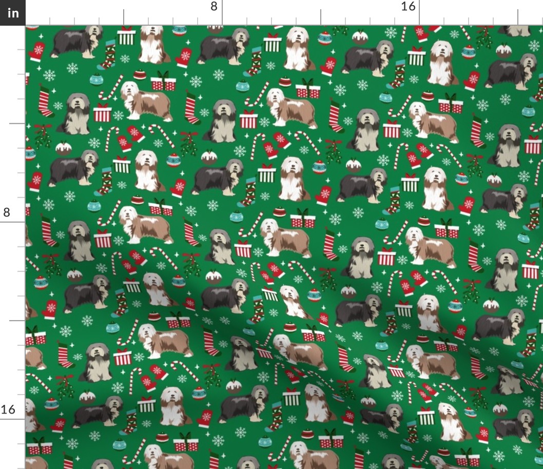 bearded collie christmas dog fabric - dog fabric, christmas dog fabric, dog breeds fabric - mixed coats - green