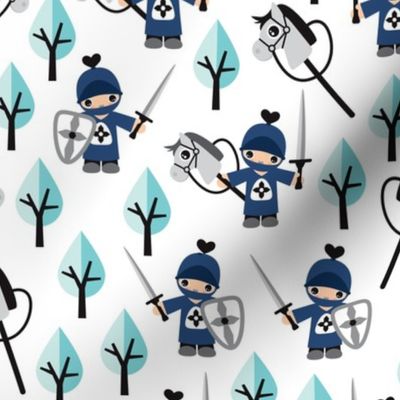 Cute boys knights horse and sword kids woodland fantasy theme navy blue mint