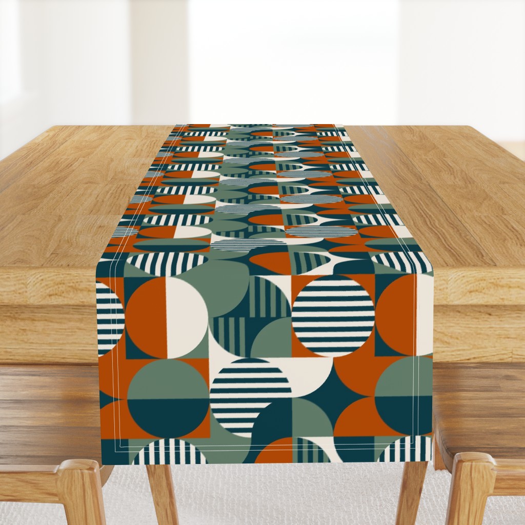 modern geometric Bauhaus, teal, burnt orange, olive, cream