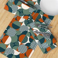 modern geometric Bauhaus, teal, burnt orange, olive, cream