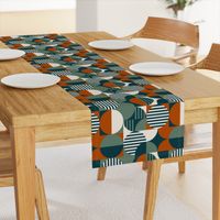 modern geometric Bauhaus, teal, burnt orange, olive, cream