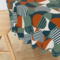 modern geometric Bauhaus, teal, burnt orange, olive, cream