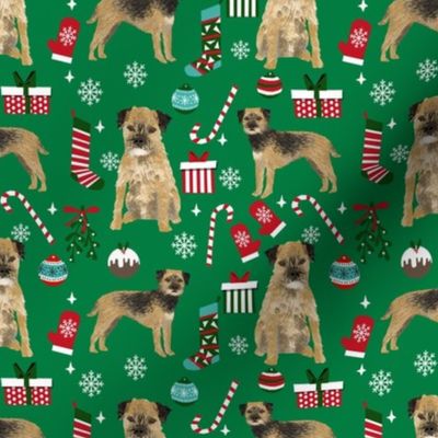 border terrier christmas fabric - dog fabric, christmas fabric, christmas dog fabric, border terrier fabric - green