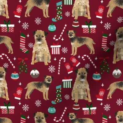 border terrier christmas fabric - dog fabric, christmas fabric, christmas dog fabric, border terrier fabric -  burgundy