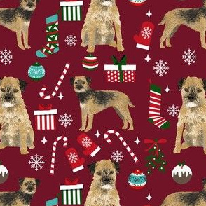 border terrier christmas fabric - dog fabric, christmas fabric, christmas dog fabric, border terrier fabric -  burgundy