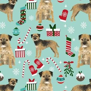 border terrier christmas fabric - dog fabric, christmas fabric, christmas dog fabric, border terrier fabric -  light blue