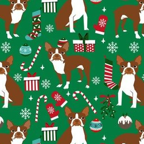 liver boston terrier christmas fabric - dog fabric, christmas fabric, boston terrier fabric, liver dog, holiday fabric - green