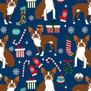 liver boston terrier christmas fabric - dog fabric, christmas fabric, boston terrier fabric, liver dog, holiday fabric -navy
