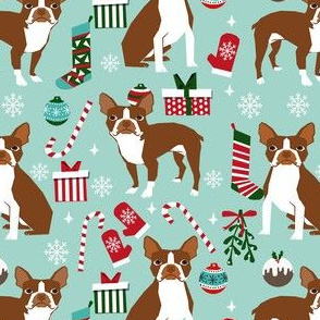 liver boston terrier christmas fabric - dog fabric, christmas fabric, boston terrier fabric, liver dog, holiday fabric - light blue