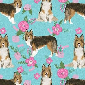 sheltie quilt floral dog - shetland sheepdog fabric, sheltie floral, floral dog fabric - blue