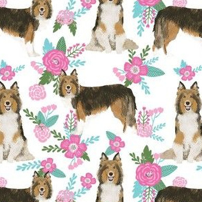 sheltie quilt floral dog - shetland sheepdog fabric, sheltie floral, floral dog fabric - white