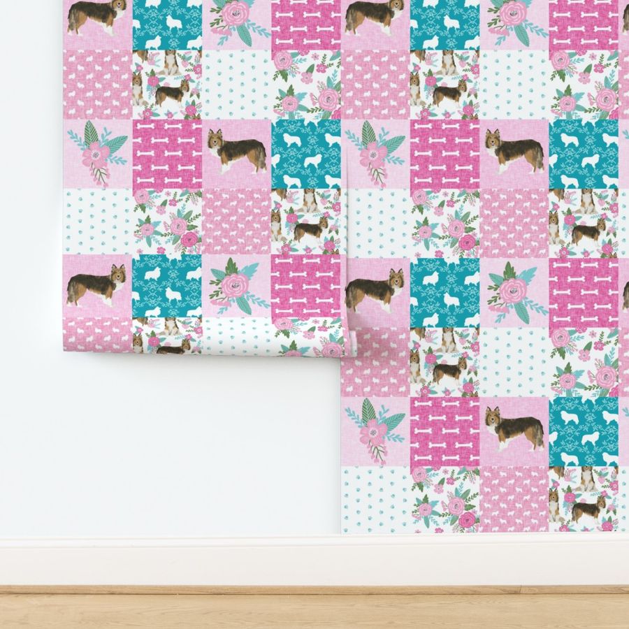 sheltie grey cheater fabric - cheater fabric, patchwork fabric, quilt fabric - teal and pink floral