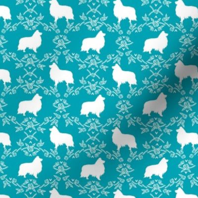 sheltie silhouette fabric - shetland sheepdog fabric, dog fabric, dog silhouette fabric  - teal floral