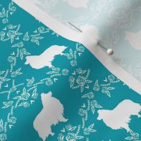 sheltie silhouette fabric - shetland sheepdog fabric, dog fabric, dog silhouette fabric  - teal floral