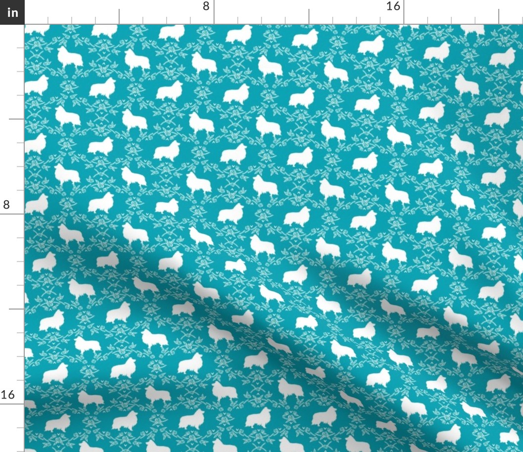 sheltie silhouette fabric - shetland sheepdog fabric, dog fabric, dog silhouette fabric  - teal floral