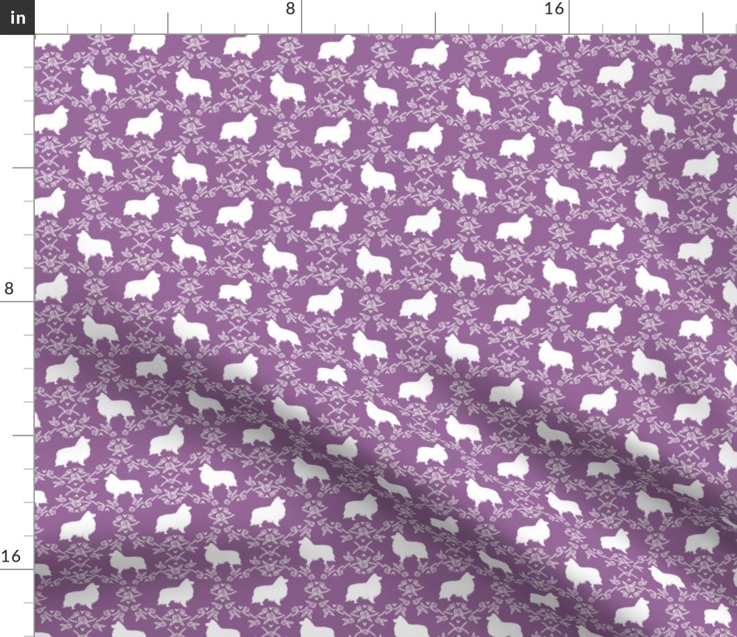 sheltie silhouette fabric - shetland sheepdog fabric, dog fabric, dog silhouette fabric  - purple floral