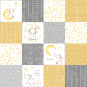 Starry Sky Baby Elephant Quilt Top – Nursery Blanket Bedding - Honey Gold & Gray