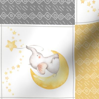 Starry Sky Baby Elephant Quilt Top – Nursery Blanket Bedding - Honey Gold & Gray ROTATED