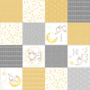 Starry Sky Baby Elephant Quilt Top – Nursery Blanket Bedding - Honey Gold & Gray ROTATED