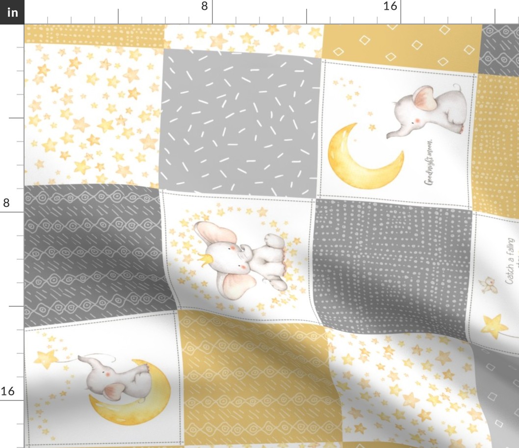 Starry Sky Baby Elephant Quilt Top – Nursery Blanket Bedding - Honey Gold & Gray ROTATED