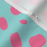 Pink abstract vector shapes over turquoise seamless pattern