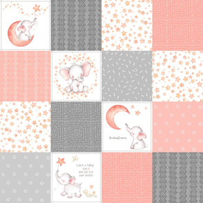 Starry Sky Baby Elephant Quilt Top – Nursery Blanket Bedding - Peach & Gray