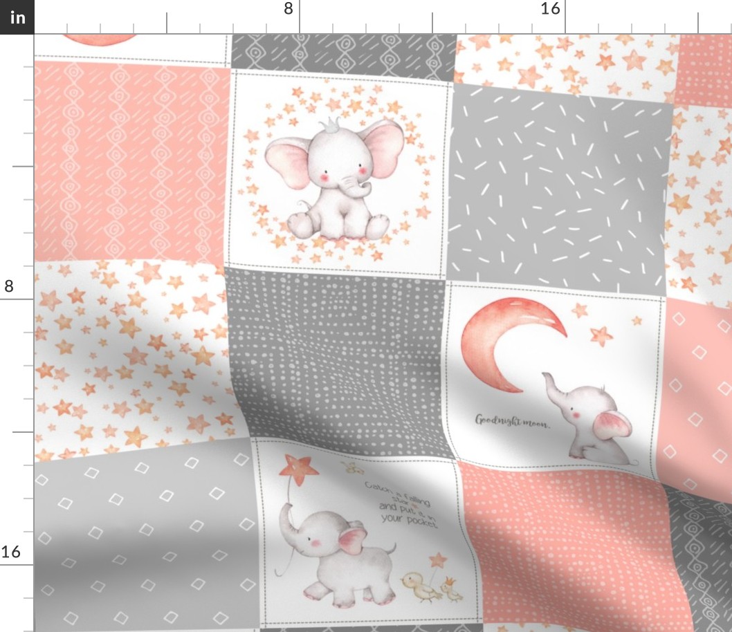 Starry Sky Baby Elephant Quilt Top – Nursery Blanket Bedding - Peach & Gray