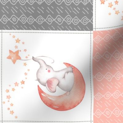 Starry Sky Baby Elephant Quilt Top – Girls Nursery Blanket Bedding - Peach & Gray ROTATED