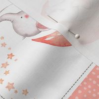 Starry Sky Baby Elephant Quilt Top – Girls Nursery Blanket Bedding - Peach & Gray ROTATED