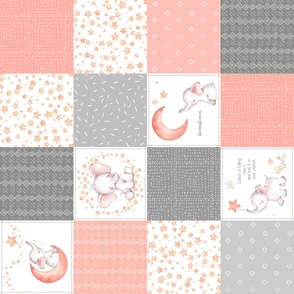 Starry Sky Baby Elephant Quilt Top – Girls Nursery Blanket Bedding - Peach & Gray ROTATED