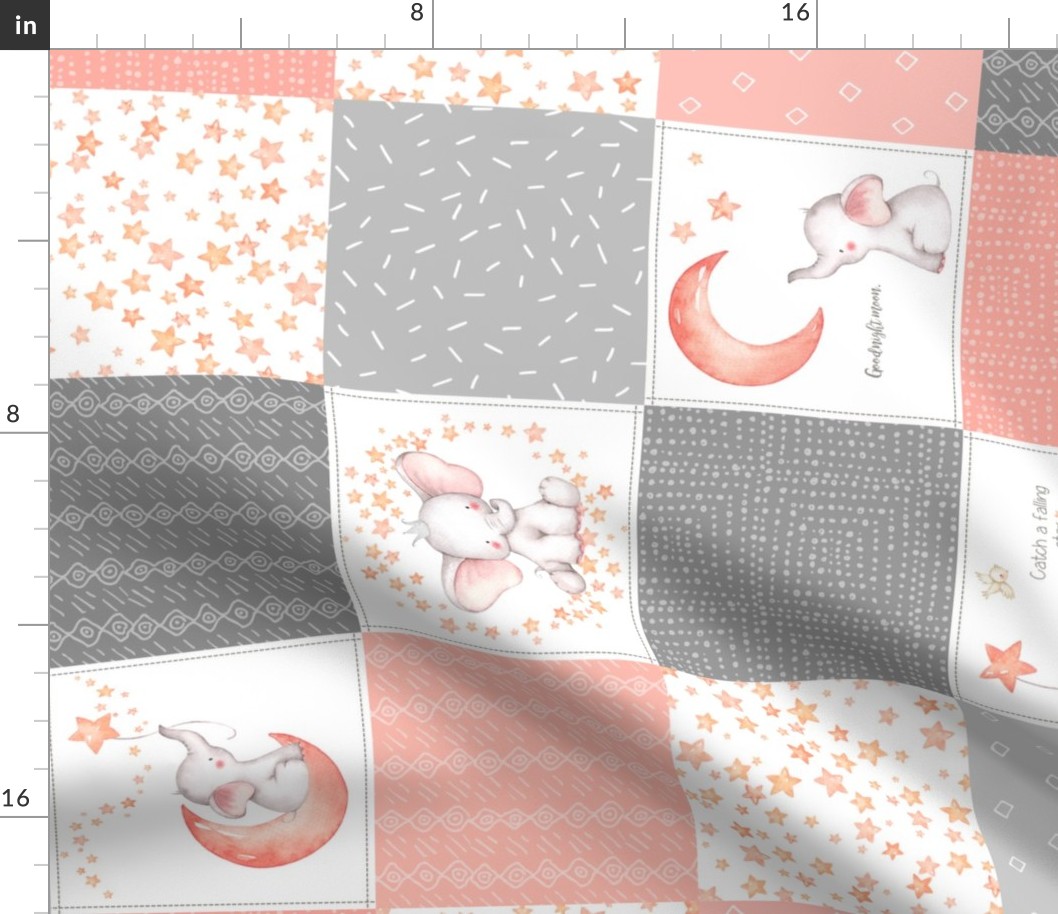 Starry Sky Baby Elephant Quilt Top – Girls Nursery Blanket Bedding - Peach & Gray ROTATED