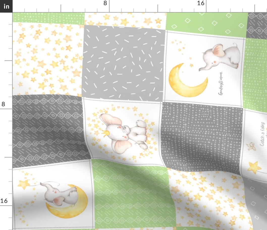 Starry Sky Baby Elephant Quilt Top – Nursery Blanket Bedding - Apple Green & Gray ROTATED