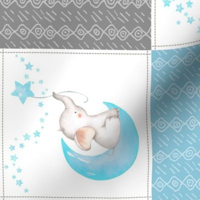 Starry Sky Baby Elephant Quilt Top – Nursery Blanket Bedding - Stonewash Blue & Gray ROTATED