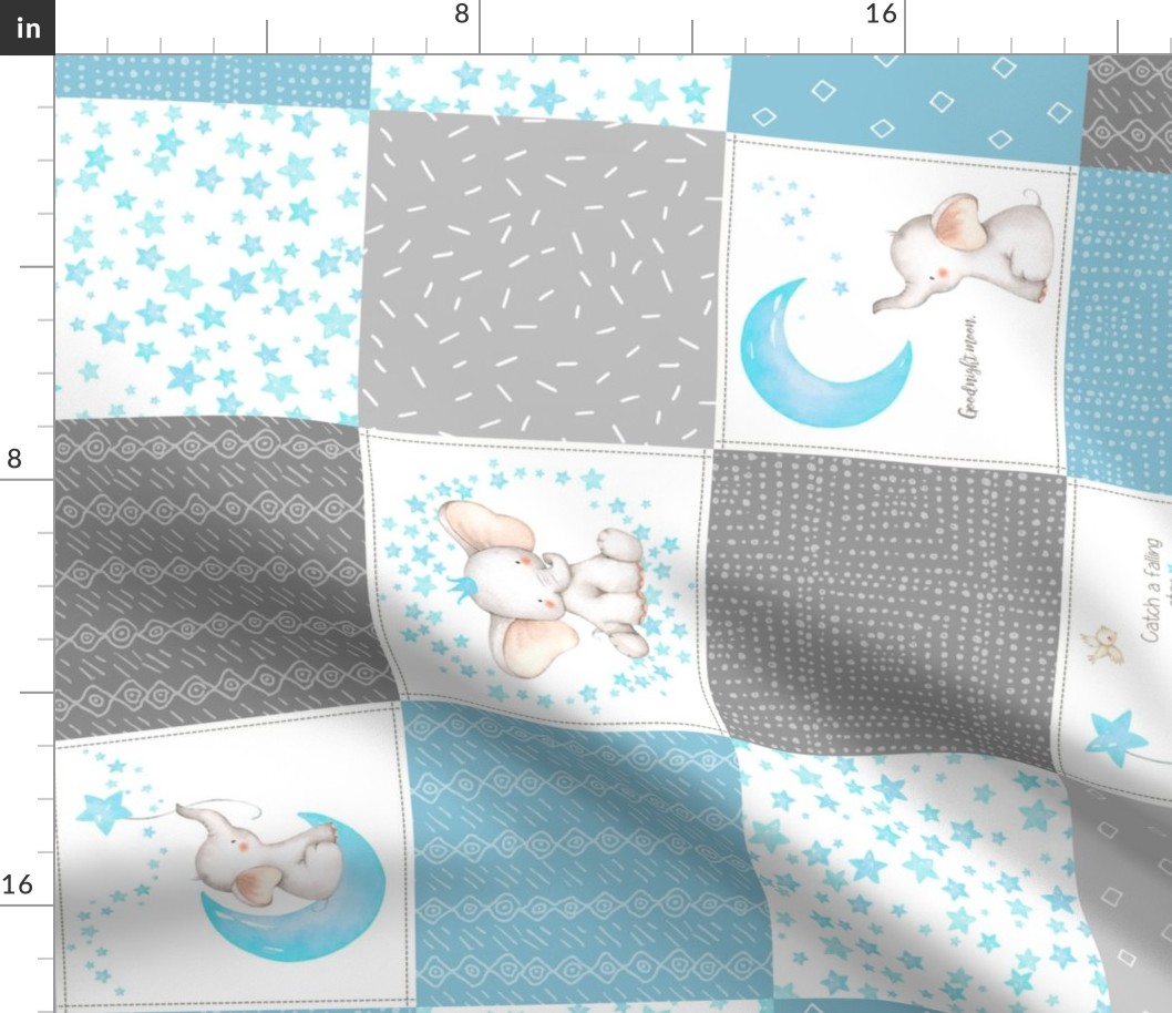 Starry Sky Baby Elephant Quilt Top – Nursery Blanket Bedding - Stonewash Blue & Gray ROTATED